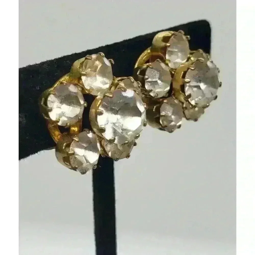 Vintage Earrings Clear Rhinestone Gold Clip Prong Set Austria Statement Bride